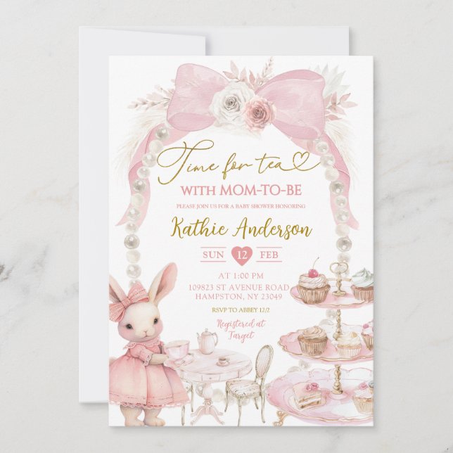 Pearl Pink Bow Coquette Bunny Baby Shower Invitation