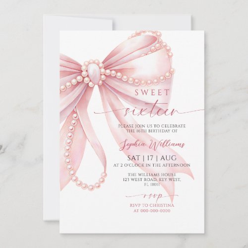 Pearl Pink Bow Sweet 16 Birthday Invitation