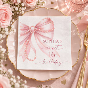 Pearl Pink Bow Sweet 16 Birthday Party Napkins