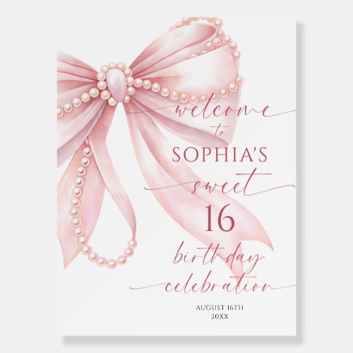 Pearl Pink Bow Sweet 16 Birthday Welcome Sign