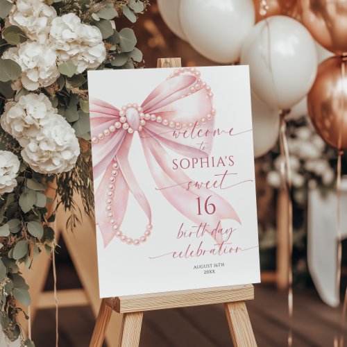 Pearl Pink Bow Sweet 16 Birthday Welcome Sign