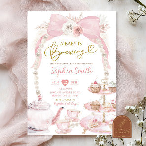 Pearl Pink Bow Tea Party Baby Shower Invitation