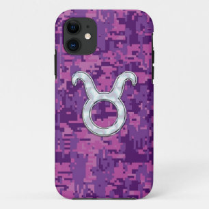 Pearl Pink Taurus Zodiac Sign on Digital Camo iPhone 11 Case
