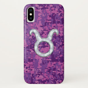 Pearl Pink Taurus Zodiac Sign on Digital Camo iPhone X Case