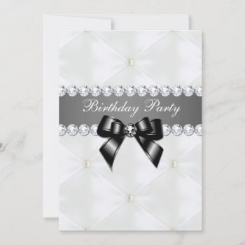 Pearl Quilted & Black Jewel Bow Birthday Invitation by shm_graphics at Zazzle
