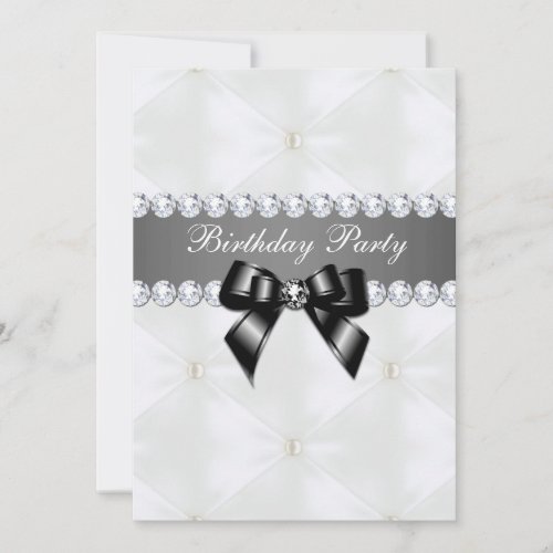 Pearl Quilted  Black Jewel Bow Birthday Invitation