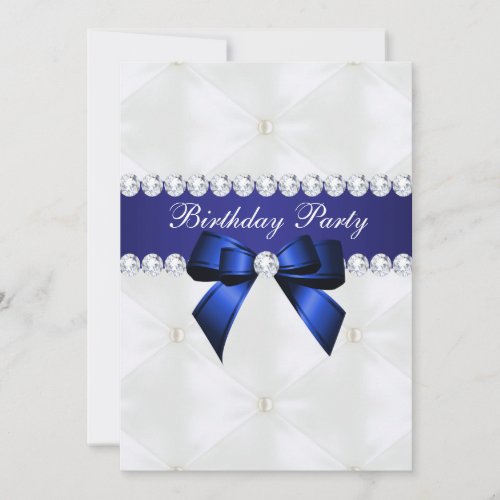 Pearl Quilted  Blue Jewel Bow Birthday Invitation