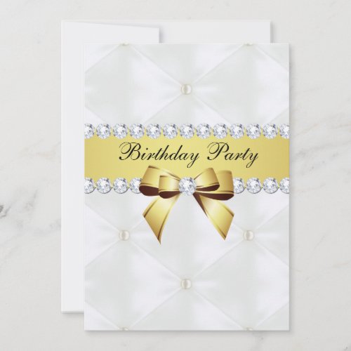 Pearl Quilted  Gold Jewel Bow Birthday Invitation