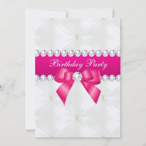 Pearl Quilted  Pink Jewel Bow Birthday Invitation