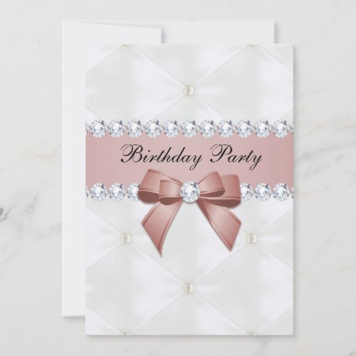 Pearl Quilted  Rose Gold Jewel Bow Birthday Invitation