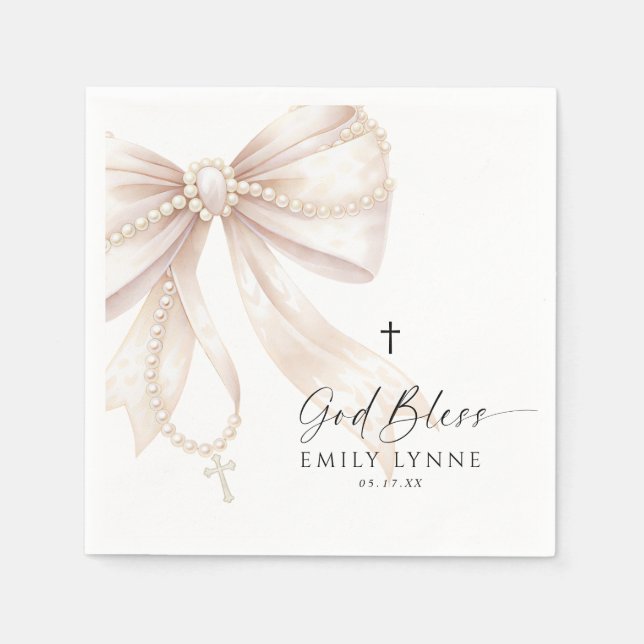 Pearl Rosary Bow Baptism Napkins (Front)