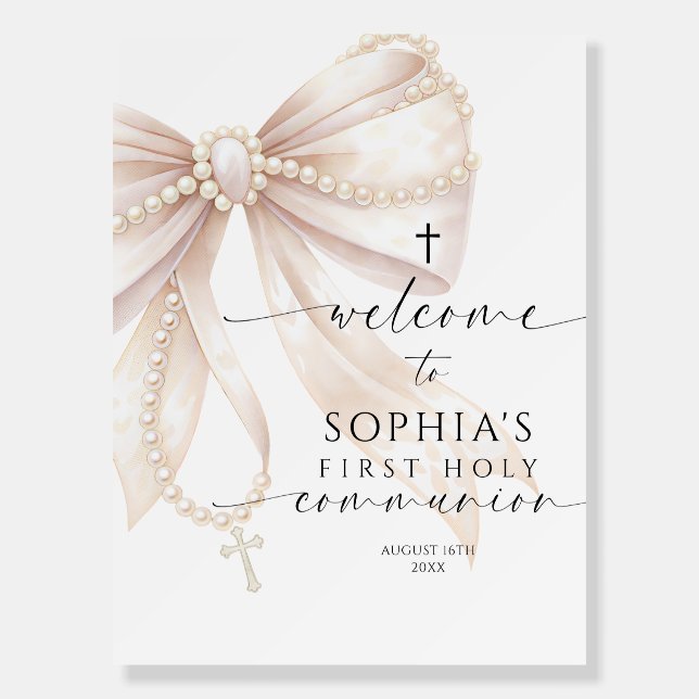Pearl Rosary Bow First Holy Communion Welcome Sign (Front)