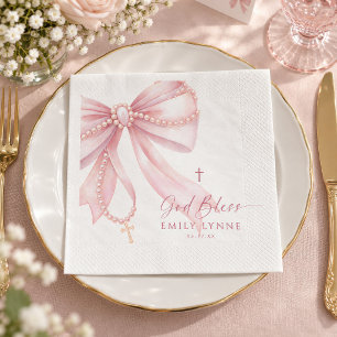 Pearl Rosary Pink Bow Baptism Napkins