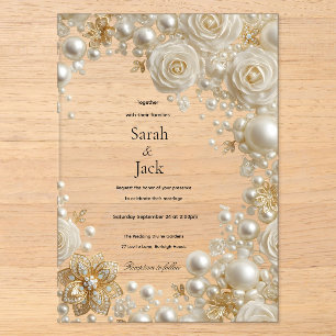 Pearl Rose and Diamonds Wedding Acrylic Invitations