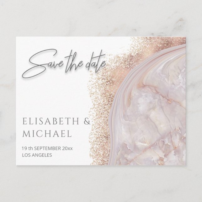 Pearl rose gold marble agate calligraphy announcement postcard (Front)