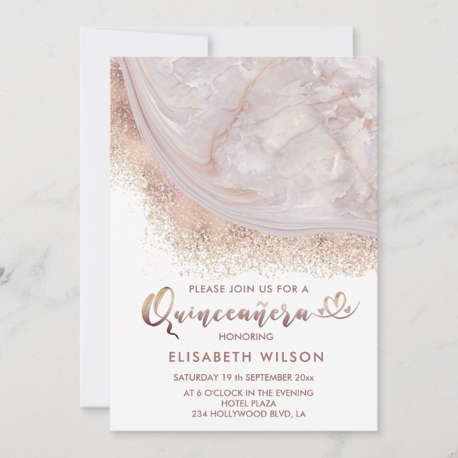 Pearl rose gold marble agate calligraphy invitation (Front)