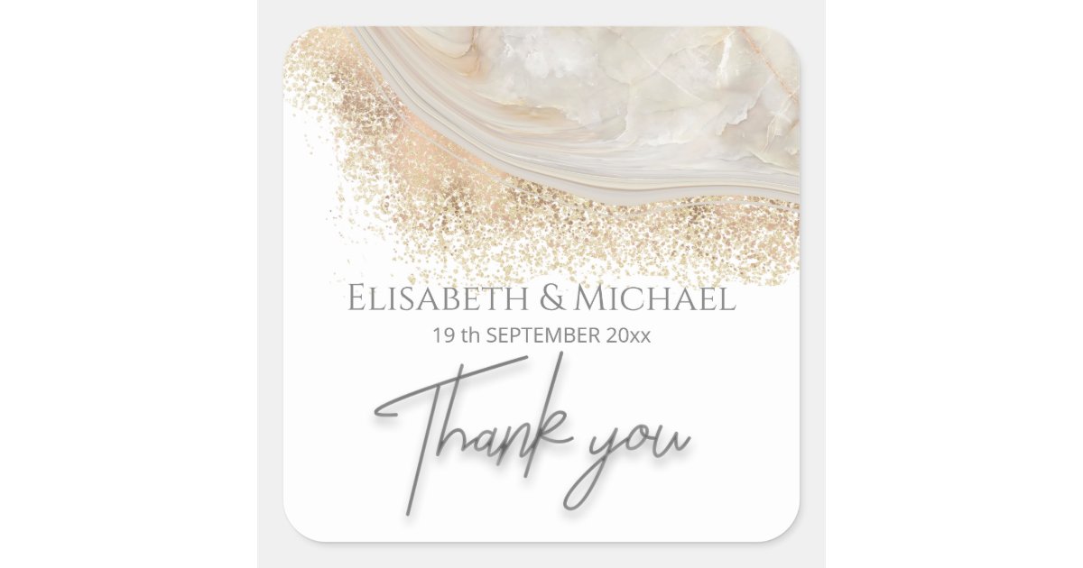 Pearl rose gold marble agate calligraphy thank you square sticker | Zazzle