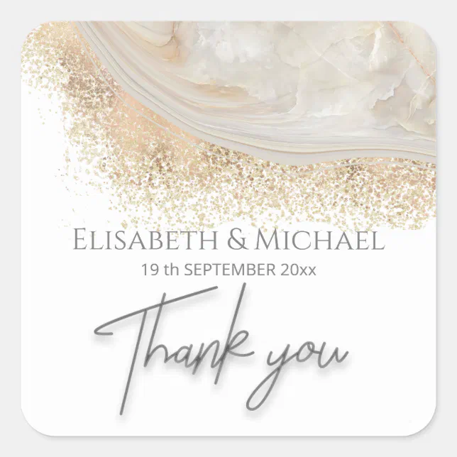 Pearl rose gold marble agate calligraphy thank you square sticker | Zazzle