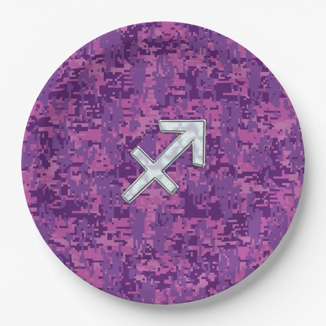 Pearl Sagittarius Zodiac Sign Fuchsia Digital Camo Paper Plates (Front)