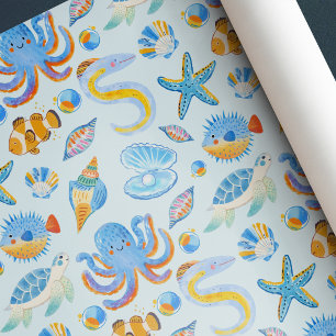 Pearl Sea Creatures Blue Birthday Baby Shower Wrapping Paper
