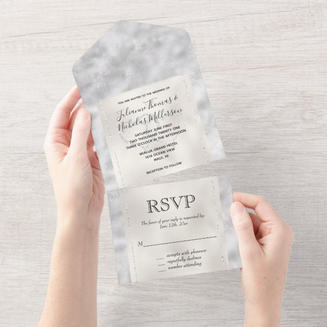 Pearl Silver Glam Glitter Hearts      All In One Invitation (Tearaway)