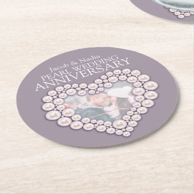 Pearl wedding anniversary heart photo coasters (Angled)