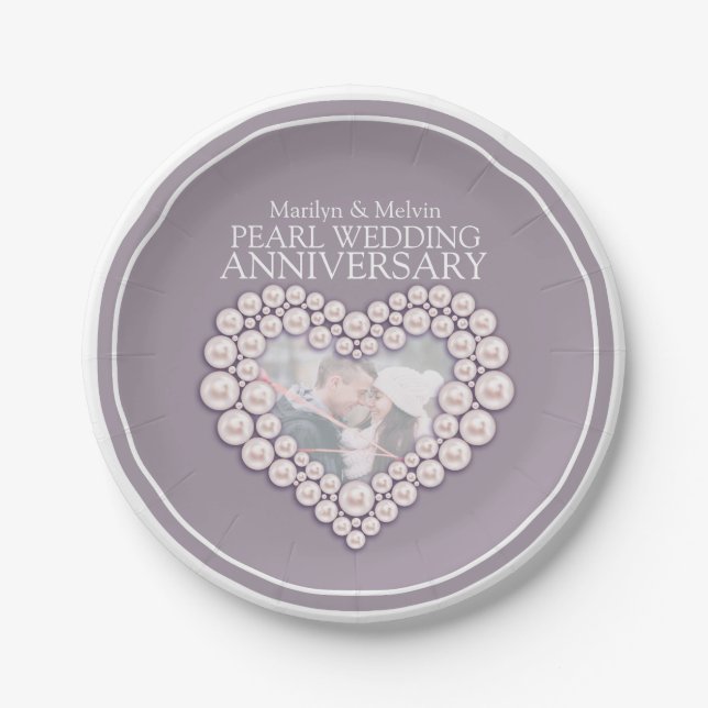 Pearl wedding anniversary photo heart paper plate (Front)