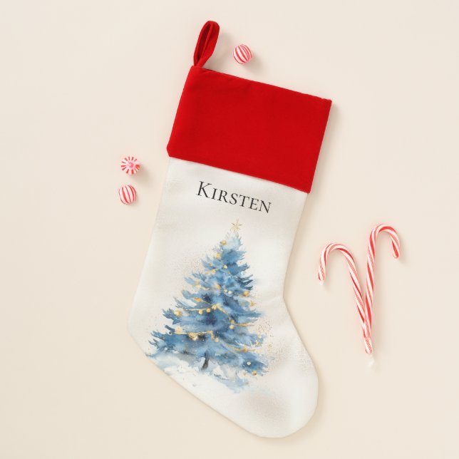 Pearl White Blue Gold Christmas Tree Christmas Stocking (Front)