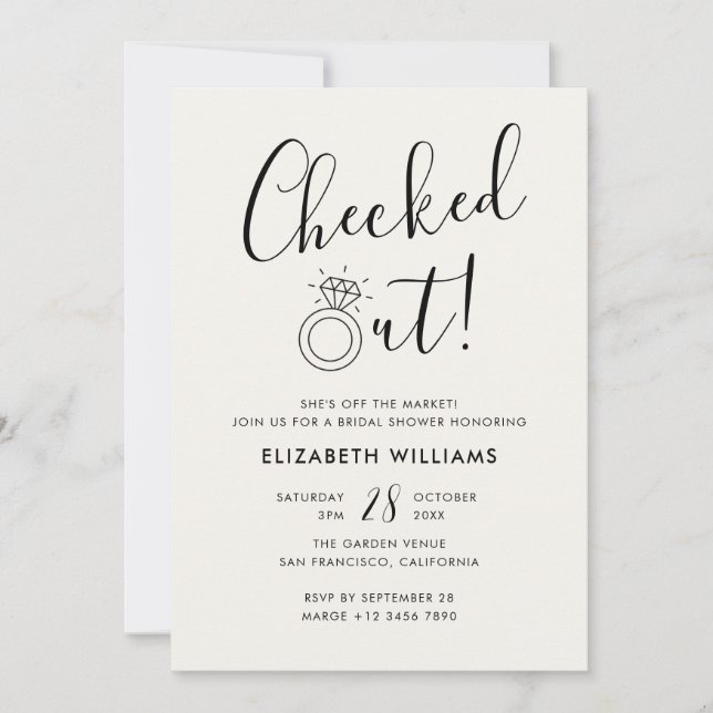 Pearl White Checked Out Funny Modern Bridal Shower Invitation (Front)