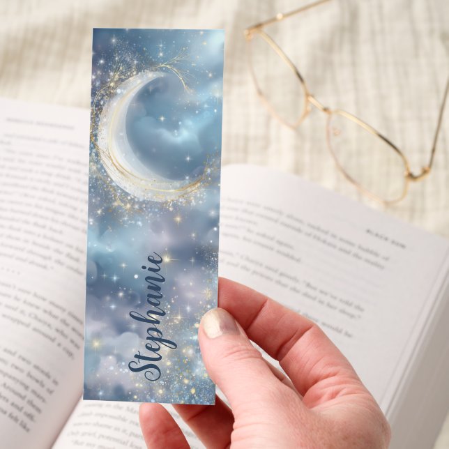 Pearl White Crescent Moon Stars Glitter Bookmarks (Hand)