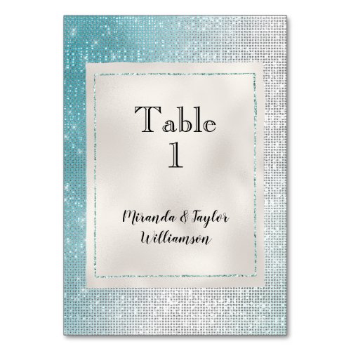 Pearl White Glam Glitzy Aqua Sparkle Table Number