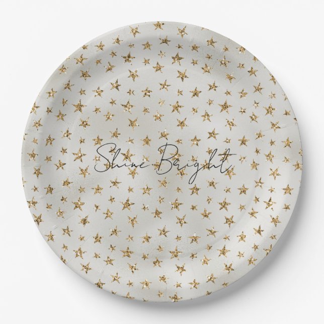 Pearl White Gold Glitter Sparkle Stars         Paper Plates (Front)