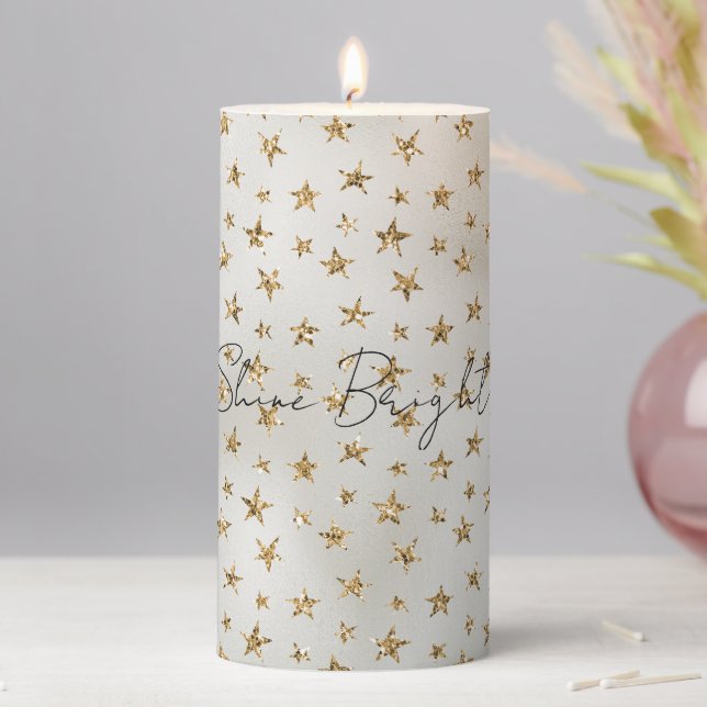 Pearl White Gold Glitter Sparkle Stars        Pillar Candle (In Situ)