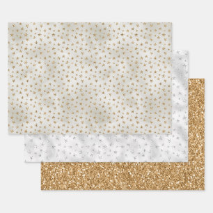 Pearl White Gold Glitter Sparkle Stars Wrapping Paper Sheets