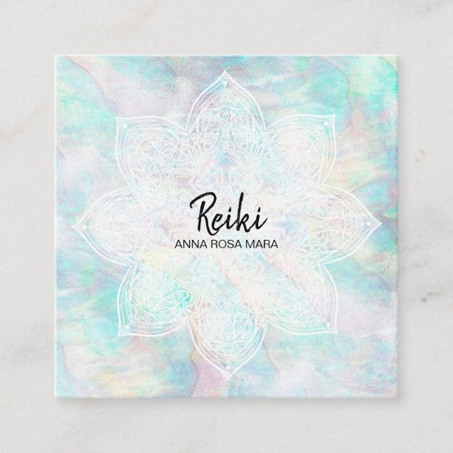 *~* Pearl White Mandala Pastel Pink Yellow Blue Square Business Card (Front)
