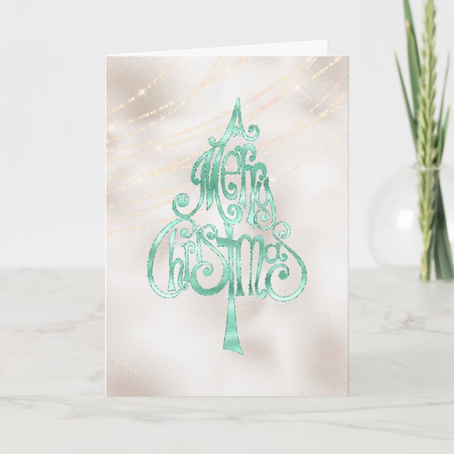 Pearl White Mint Green Christmas Tree Card (Front)