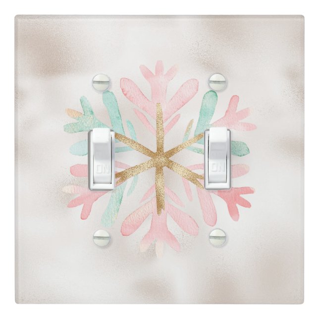 Pearl White Mint Pink Christmas Snowflake Light Switch Cover (In Situ)