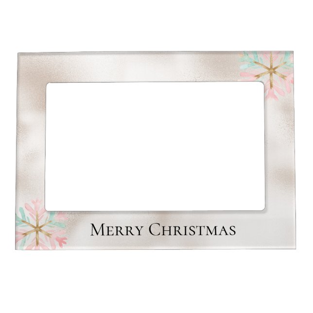 Pearl White Mint Pink Christmas Snowflakes Magnetic Frame (Front)