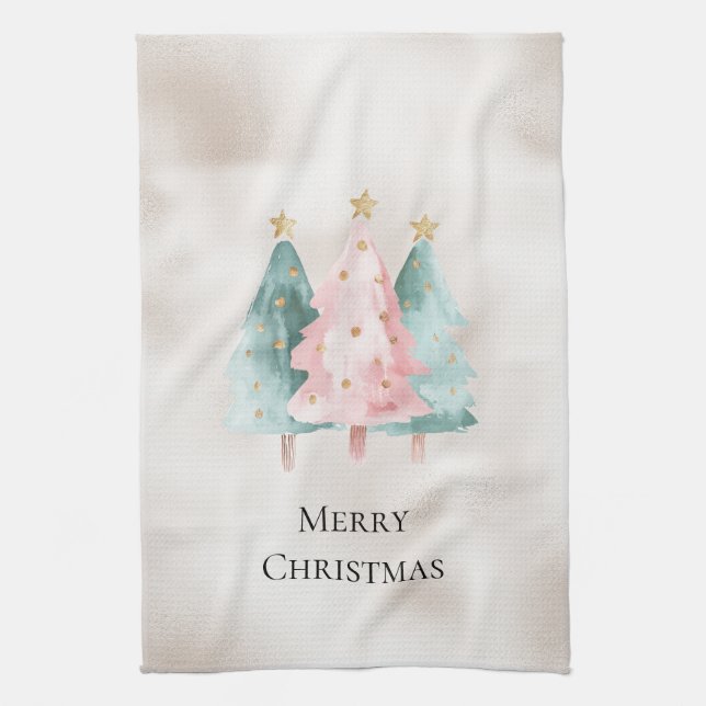 Pearl White Mint Pink Christmas Trees Kitchen Towel (Vertical)