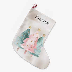 Pearl White Mint Pink Christmas Trees Large Christmas Stocking