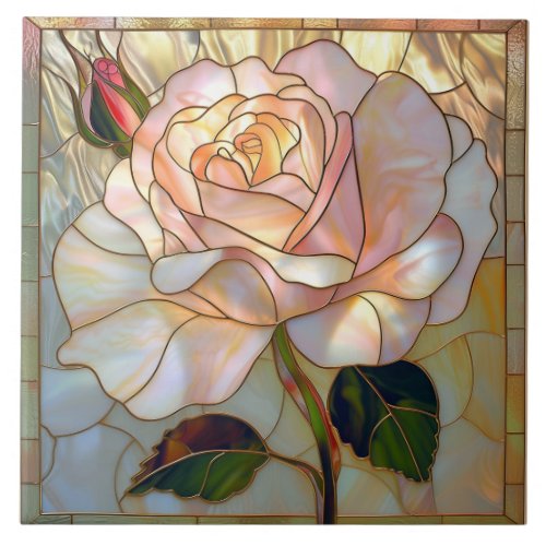Pearl White Pink Gold Rose Stained Glass Ceramic Tile