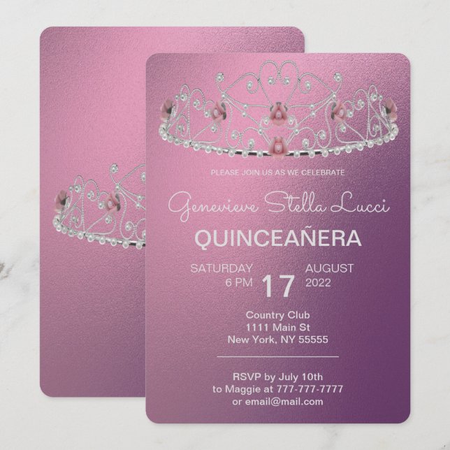 Pearled Tiara Quinceañera Party Invitation (Front/Back)