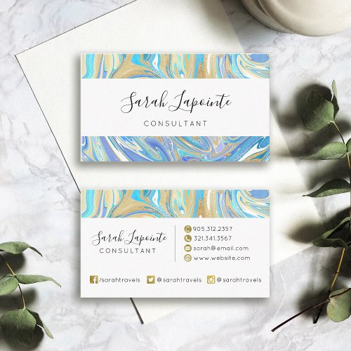 Pearlescent Aqua  Gold Liquid Marble Business Card