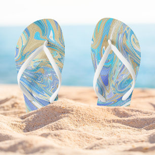 Pearlescent Aqua & Gold Liquid Marble Flip Flops