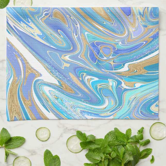 Pearlescent Aqua & Gold Liquid Marble Kitchen Towel (Folded)