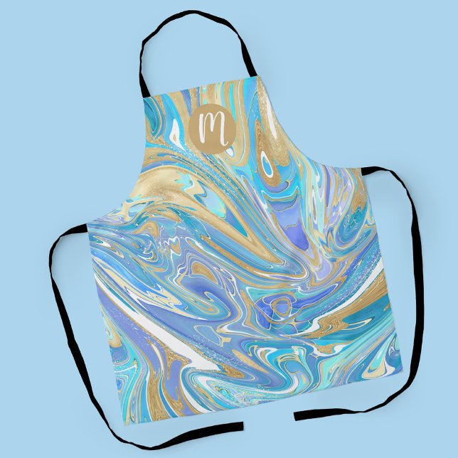 Pearlescent Aqua & Gold Liquid Marble & Monogram Apron (Aqua Pearlescent Marble Design with Monogram Apron)