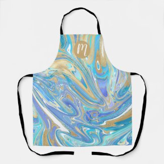Pearlescent Aqua & Gold Liquid Marble & Monogram
