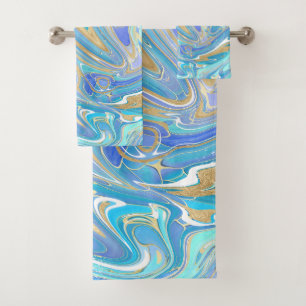 Pearlescent Aqua & Gold Liquid Marble & Monogram Bath Towel Set