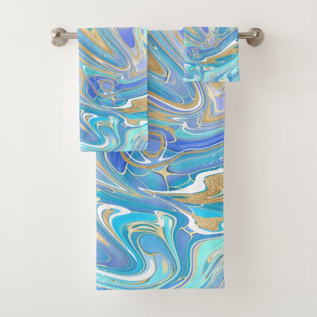 Pearlescent Aqua & Gold Liquid Marble & Monogram Bath Towel Set (Insitu)