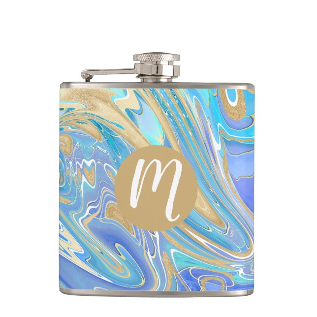 Pearlescent Aqua & Gold Liquid Marble & Monogram Flask (Front)